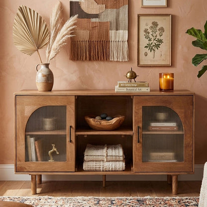 64 Inch James TV Stand Console, 2 Arch Glass Door Cabinets & Shelves, Walnut Brown Mango Wood