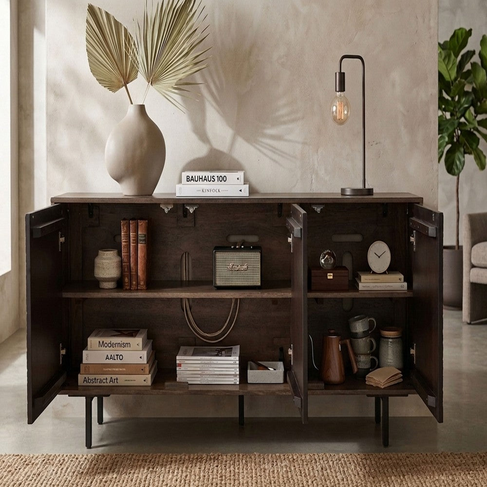 64 Inch Cosmo TV Stand Console, 3-Door Cabinet, Dark Walnut Brown & Black Mango Wood