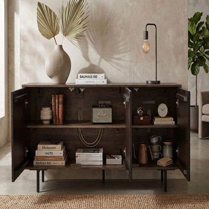 64 Inch Cosmo TV Stand Console, 3-Door Cabinet, Dark Walnut Brown & Black Mango Wood