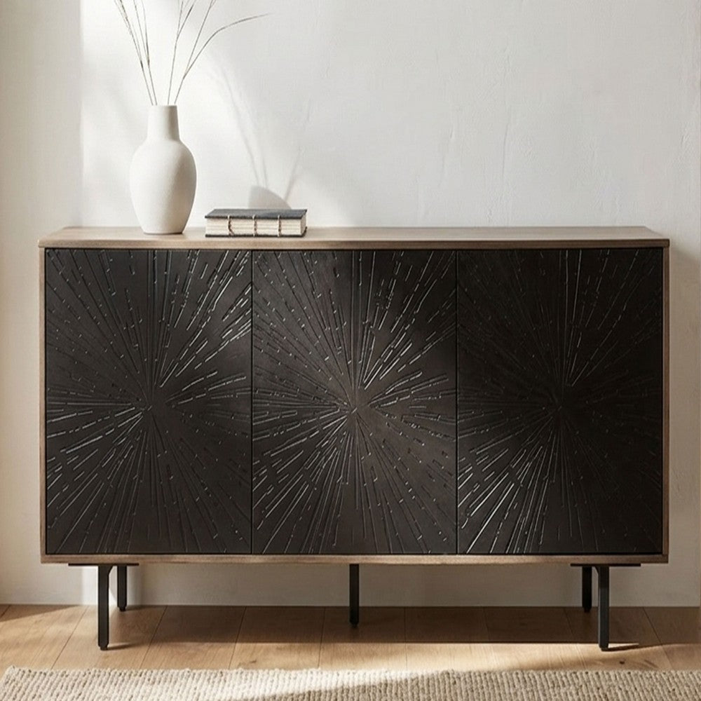 64 Inch Cosmo TV Stand Console, 3-Door Cabinet, Dark Walnut Brown & Black Mango Wood