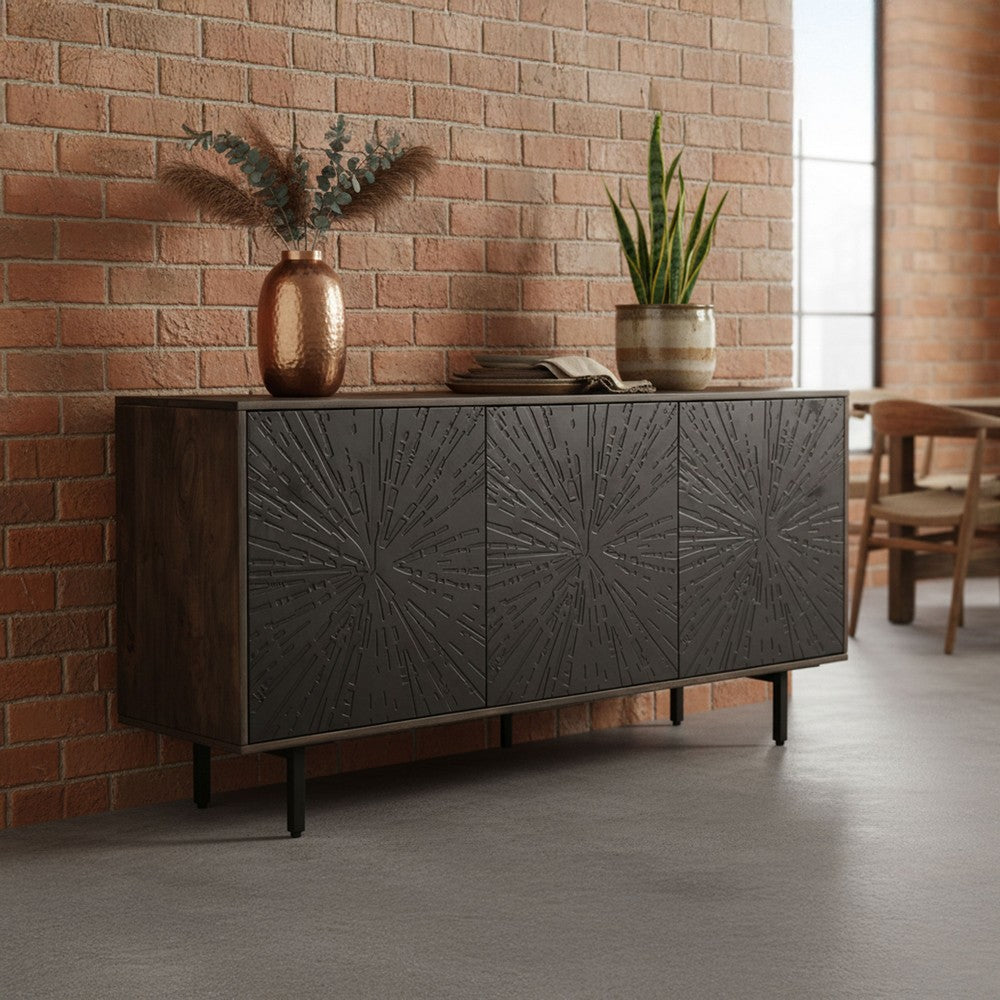 64 Inch Cosmo TV Stand Console, 3-Door Cabinet, Dark Walnut Brown & Black Mango Wood