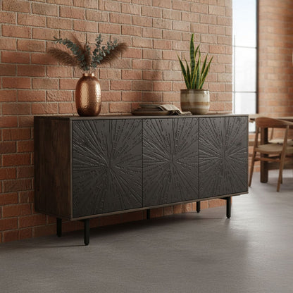 64 Inch Cosmo TV Stand Console, 3-Door Cabinet, Dark Walnut Brown & Black Mango Wood