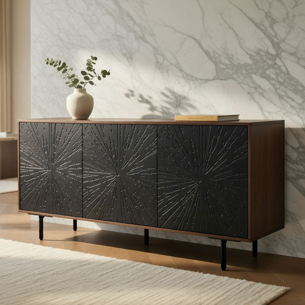 64 Inch Cosmo TV Stand Console, 3-Door Cabinet, Dark Walnut Brown & Black Mango Wood