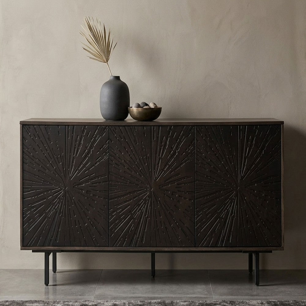 64 Inch Cosmo TV Stand Console, 3-Door Cabinet, Dark Walnut Brown & Black Mango Wood