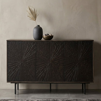 64 Inch Cosmo TV Stand Console, 3-Door Cabinet, Dark Walnut Brown & Black Mango Wood