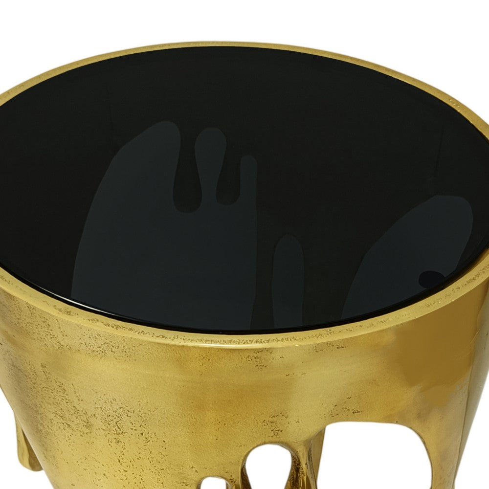 Capri Side End Table | 24.75 Inch Round Glass Top | Melting Drip Design |  Antique Gold