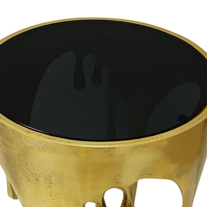 Capri Side End Table | 24.75 Inch Round Glass Top | Melting Drip Design |  Antique Gold