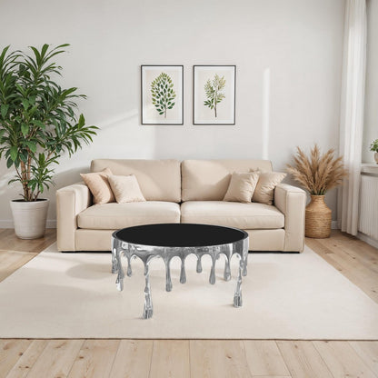 Capri Coffee Table | 36 Inch Round Glass Top | Melting Drip Design | Silver