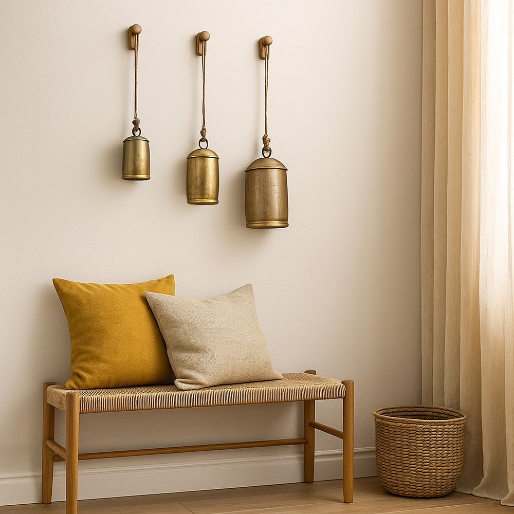 Zaira Decorative Iron Cow Bells Set of 3 | Cylindrical | Antique Gold Finish| Jute Hanging Rope | 20, 15, 12 Inches