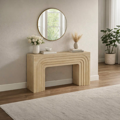Kesna Console Sofa Table, 53 Inch Sculpted Arch, Light Beige Mango Wood