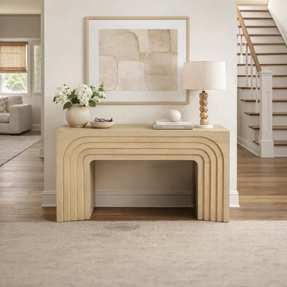 Kesna Console Sofa Table, 53 Inch Sculpted Arch, Light Beige Mango Wood