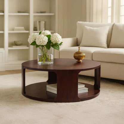 Bard Coffee Table, 38 Inch Round Top with Shelf, Walnut Brown Mango Wood Sculptural Frame