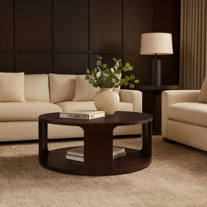 Bard Coffee Table, 38 Inch Round Top with Shelf, Walnut Brown Mango Wood Sculptural Frame