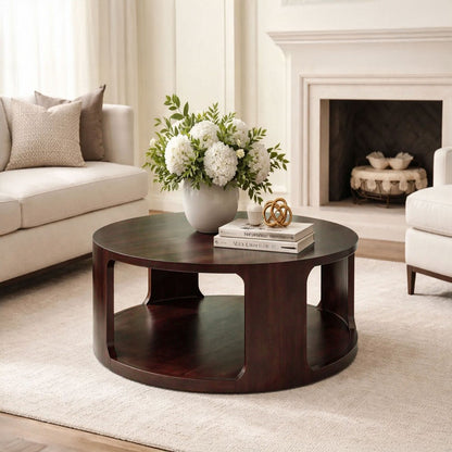 Bard Coffee Table, 38 Inch Round Top with Shelf, Walnut Brown Mango Wood Sculptural Frame