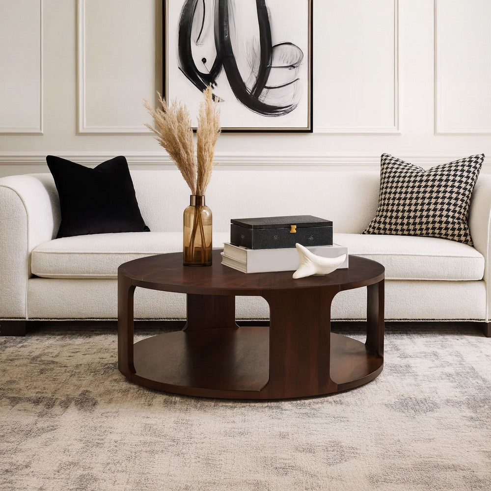 Bard Coffee Table, 38 Inch Round Top with Shelf, Walnut Brown Mango Wood Sculptural Frame