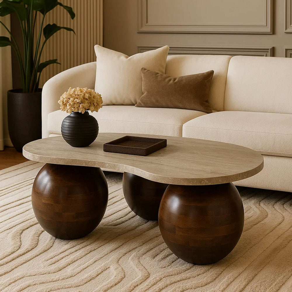 Resh Accent Coffee Table, Curved Natural Travertine Top, Round 3 Balls Wood Base