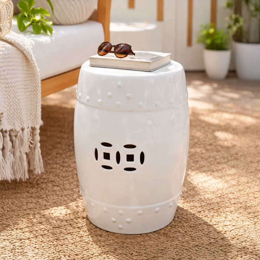 Garden Accent Stool, 17 Inch Round Drum Shape, White Ceramic, Cut Out Details - UPT-349935