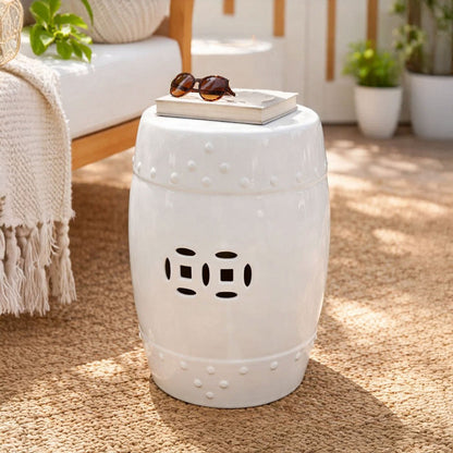 Garden Accent Stool, 17 Inch Round Drum Shape, White Ceramic, Cut Out Details - UPT-349935