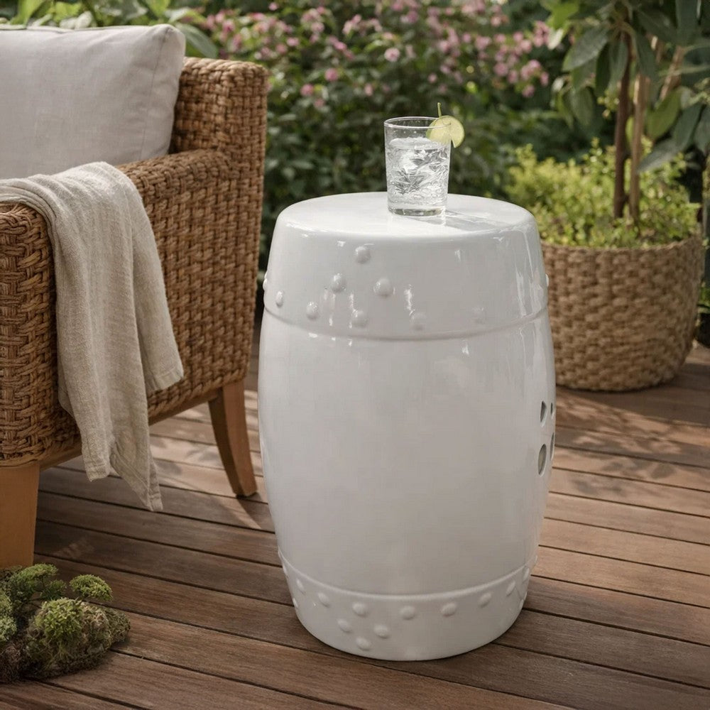 Garden Accent Stool, 17 Inch Round Drum Shape, White Ceramic, Cut Out Details - UPT-349935