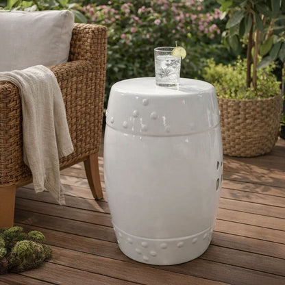 Garden Accent Stool, 17 Inch Round Drum Shape, White Ceramic, Cut Out Details - UPT-349935