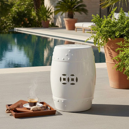 Garden Accent Stool, 17 Inch Round Drum Shape, White Ceramic, Cut Out Details - UPT-349935