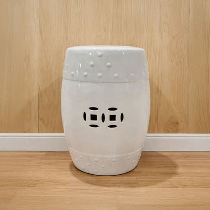 Garden Accent Stool, 17 Inch Round Drum Shape, White Ceramic, Cut Out Details - UPT-349935