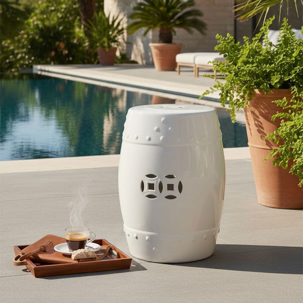 Garden Accent Stool, 17 Inch Round Drum Shape, White Ceramic, Cut Out Details - UPT-349935