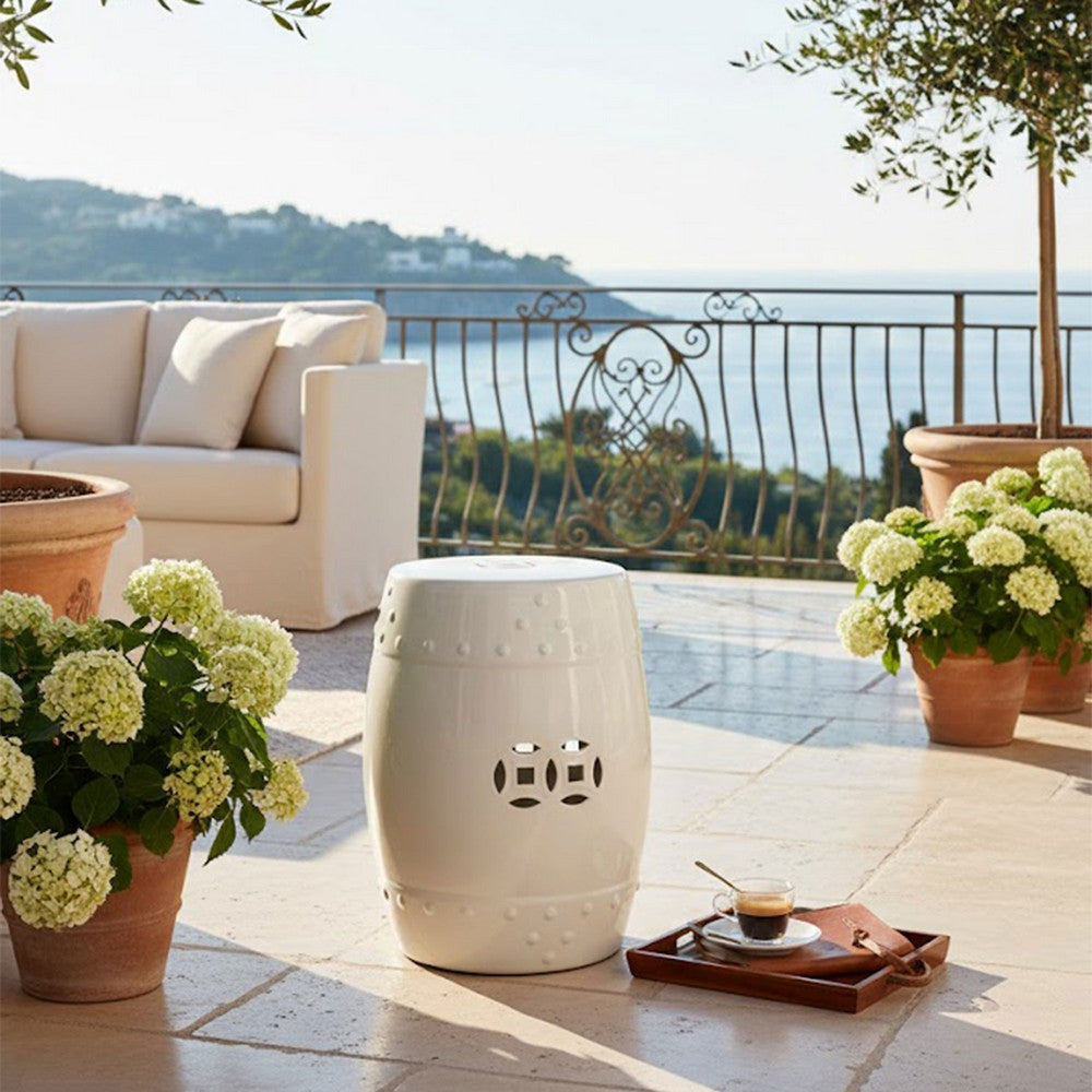 Garden Accent Stool, 17 Inch Round Drum Shape, White Ceramic, Cut Out Details - UPT-349935