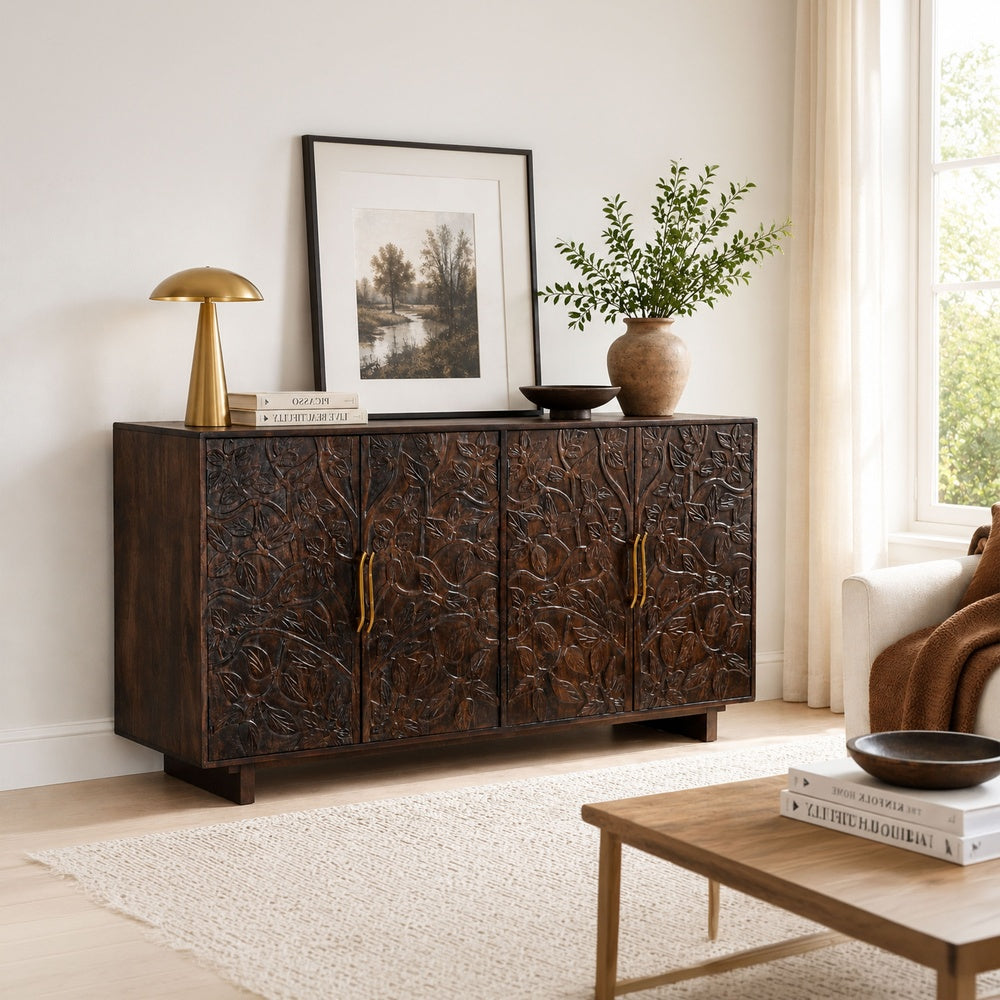 Suzi 4 Door Sideboard Buffet Cabinet, Antique Brass Handles, Handcarved Floral Motifs, Brown Mango Wood, 60 Inch - UPT-350833