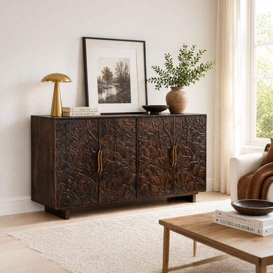 Suzi 4 Door Sideboard Buffet Cabinet, Antique Brass Handles, Handcarved Floral Motifs, Brown Mango Wood, 60 Inch - UPT-350833