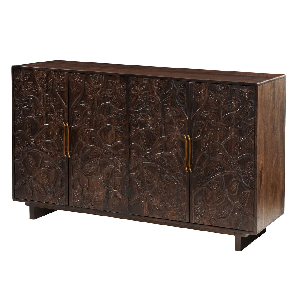 Suzi 4 Door Sideboard Buffet Cabinet, Antique Brass Handles, Handcarved Floral Motifs, Brown Mango Wood, 60 Inch - UPT-350833