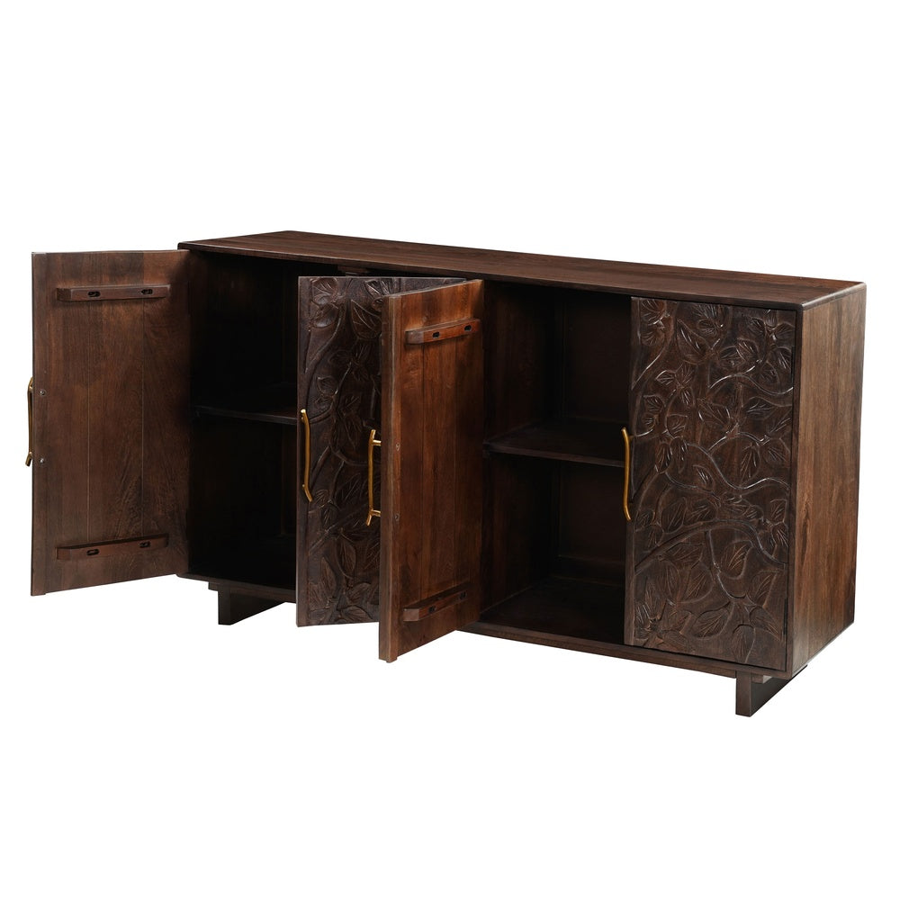 Suzi 4 Door Sideboard Buffet Cabinet, Antique Brass Handles, Handcarved Floral Motifs, Brown Mango Wood, 60 Inch - UPT-350833