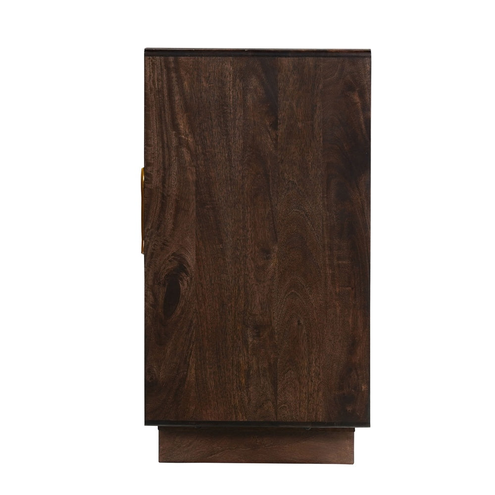 Suzi 4 Door Sideboard Buffet Cabinet, Antique Brass Handles, Handcarved Floral Motifs, Brown Mango Wood, 60 Inch - UPT-350833
