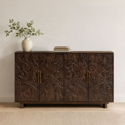 Suzi 4 Door Sideboard Buffet Cabinet, Antique Brass Handles, Handcarved Floral Motifs, Brown Mango Wood, 60 Inch - UPT-350833