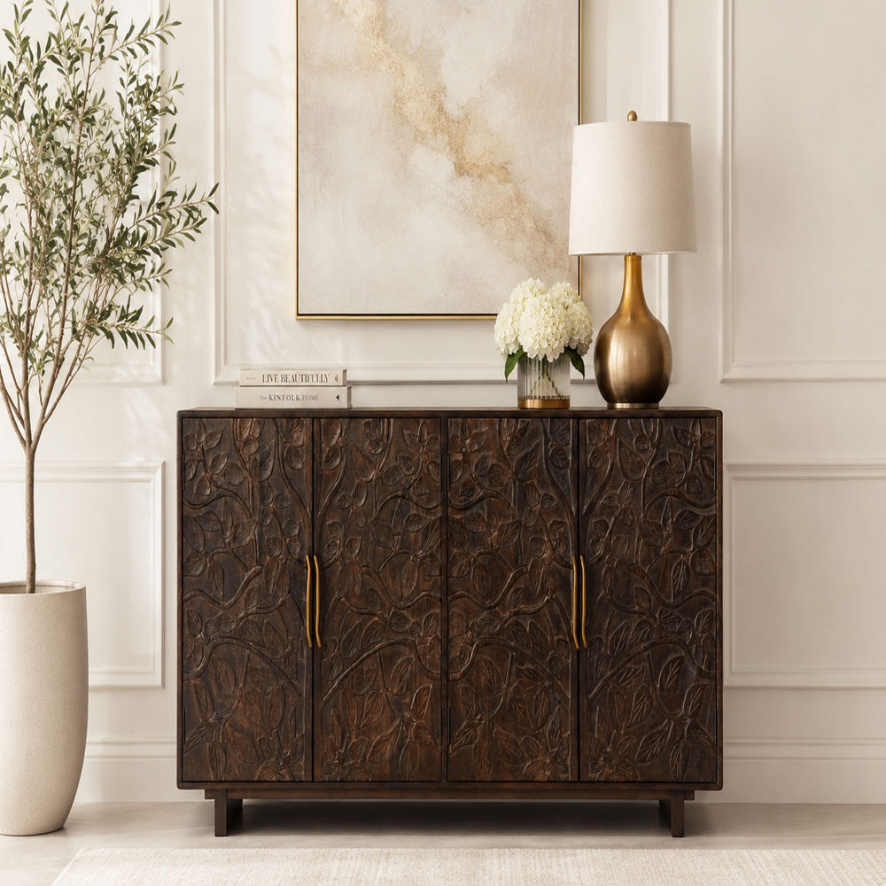 Suzi 4 Door Sideboard Buffet Cabinet, Antique Brass Handles, Handcarved Floral Motifs, Brown Mango Wood, 60 Inch - UPT-350833