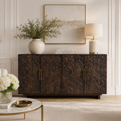 Suzi 4 Door Sideboard Buffet Cabinet, Antique Brass Handles, Handcarved Floral Motifs, Brown Mango Wood, 60 Inch - UPT-350833
