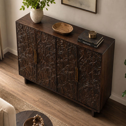 Suzi 4 Door Sideboard Buffet Cabinet, Antique Brass Handles, Handcarved Floral Motifs, Brown Mango Wood, 60 Inch - UPT-350833