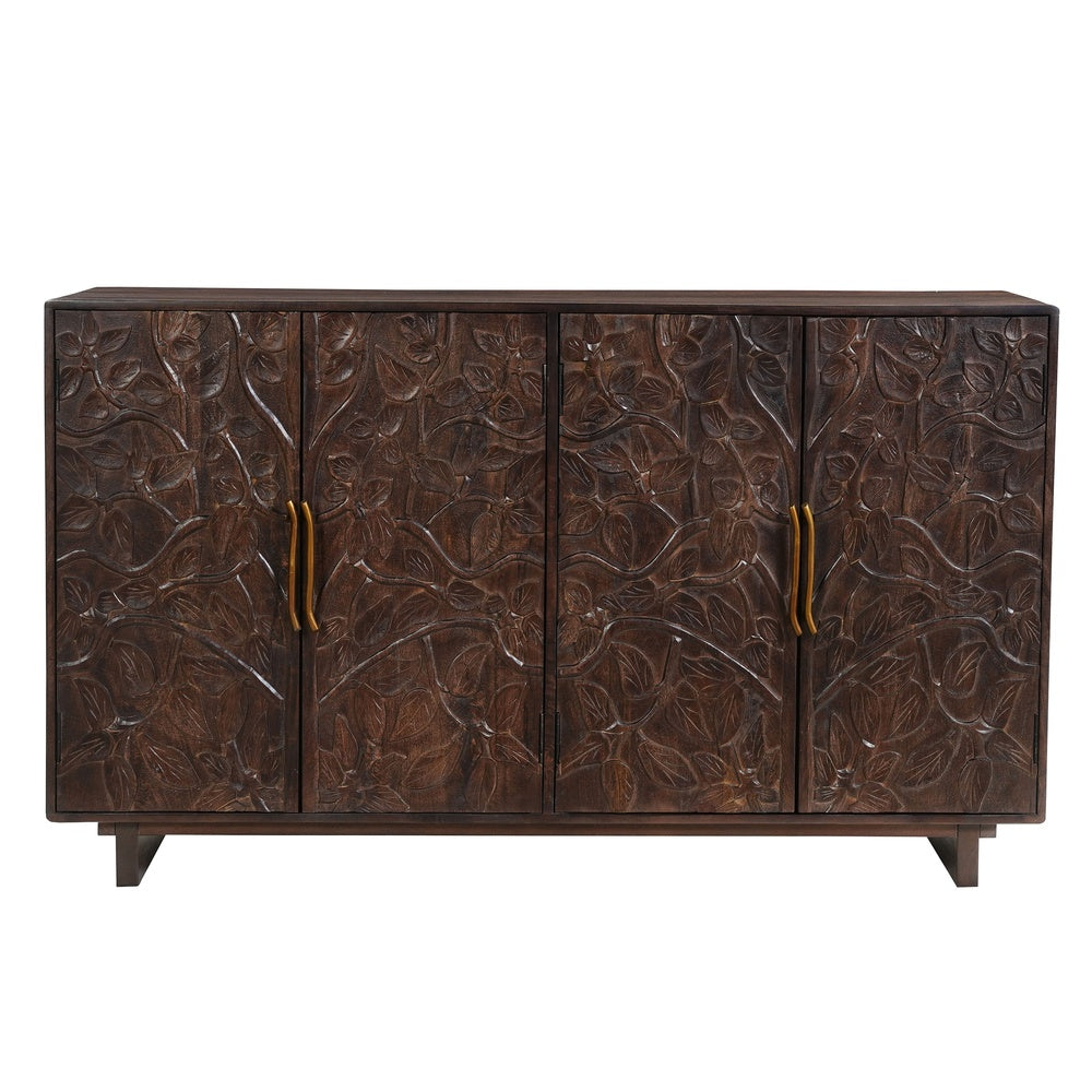 Suzi 4 Door Sideboard Buffet Cabinet, Antique Brass Handles, Handcarved Floral Motifs, Brown Mango Wood, 60 Inch - UPT-350833