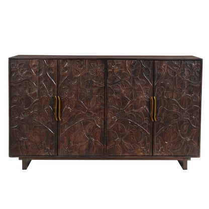 Suzi 4 Door Sideboard Buffet Cabinet, Antique Brass Handles, Handcarved Floral Motifs, Brown Mango Wood, 60 Inch - UPT-350833
