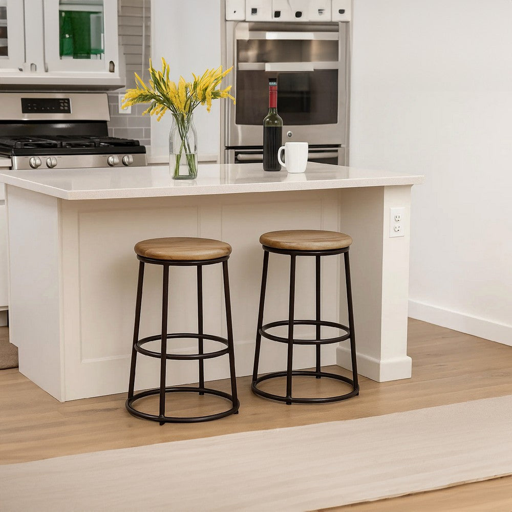 24 Inch Mango Wood Counter Height Barstool With Iron Base, Brown And Black
