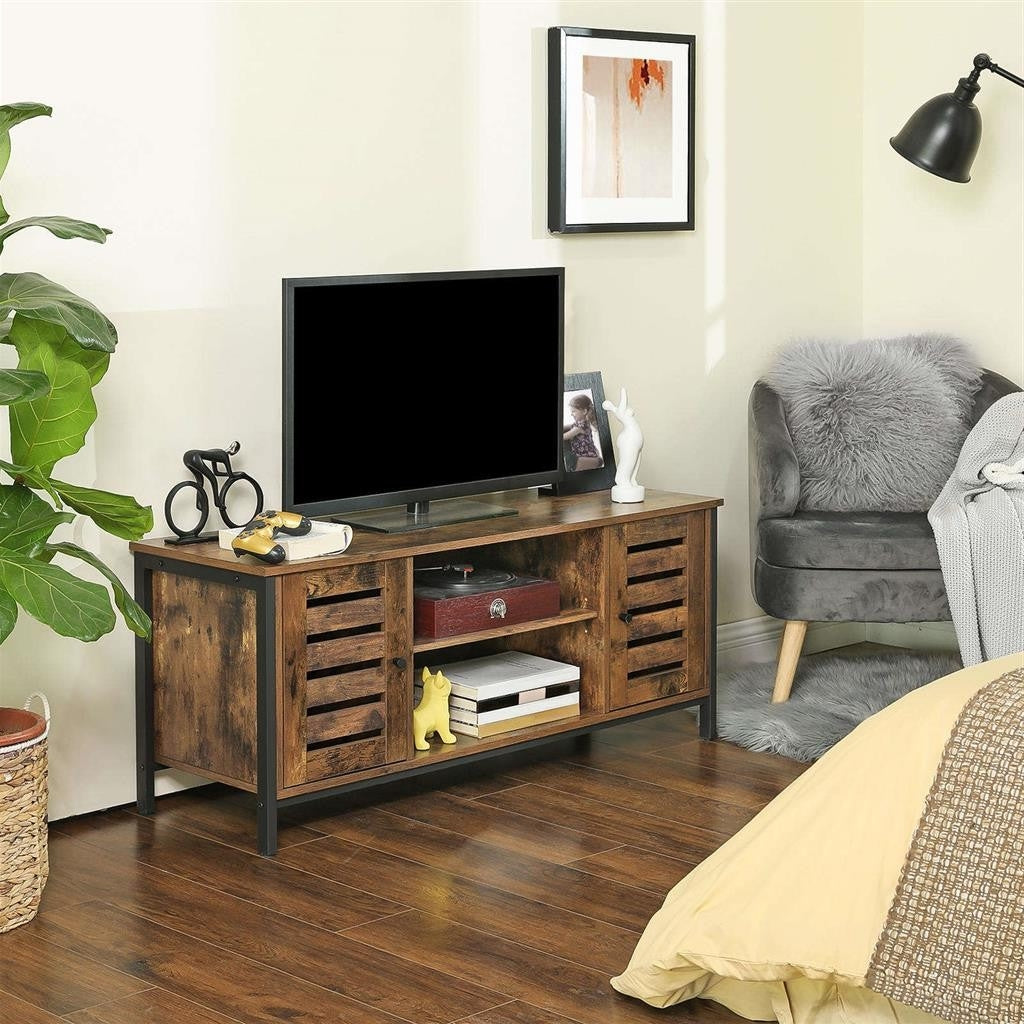 Rustic FarmHome TV Entertainment Stand Console Cabinet Louvered Doors with Shelf