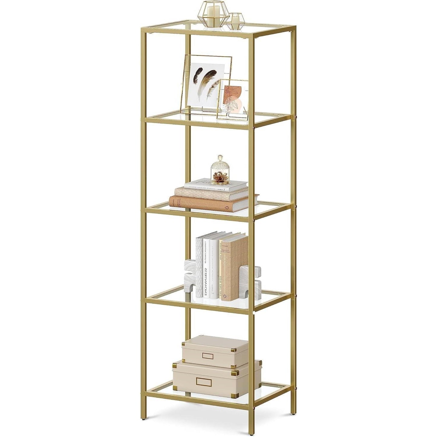 Narrow Gold Metal Frame Glass Shelves Shelving Unit Slim 4-Shelf Bookcase — Chic Home-Decor