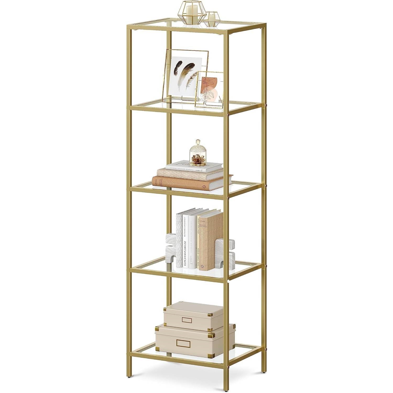 Narrow Gold Metal Frame Glass Shelves Shelving Unit Slim 4-Shelf Bookcase — Chic Home-Decor