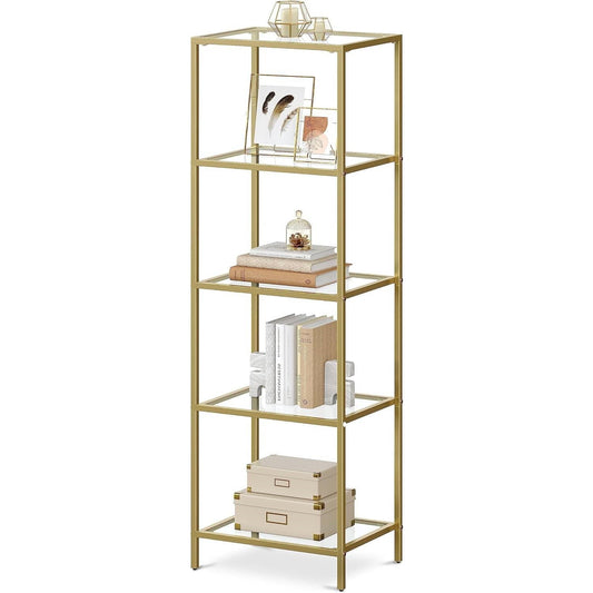Narrow Gold Metal Frame Glass Shelves Shelving Unit Slim 4-Shelf Bookcase — Chic Home-Decor