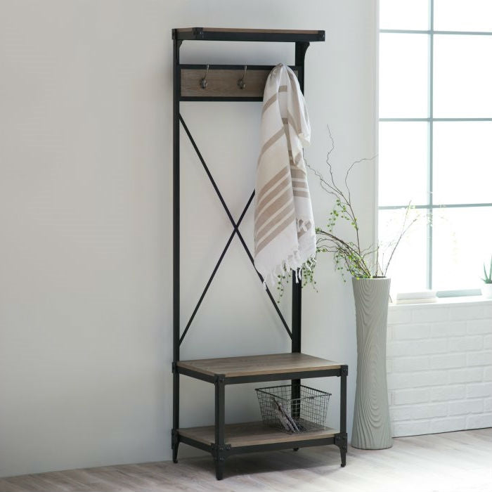 Rustic Gray Black Metal Frame Entryway Storage Hall Tree