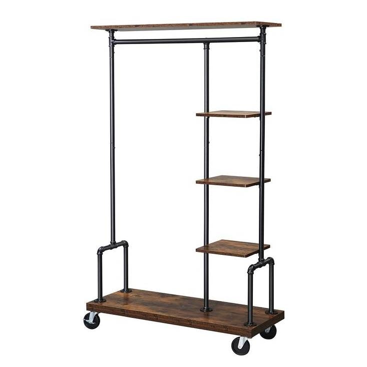 Industrial Metal Pipe Garment Rack with Wood Storage Shelves on Wheels — Chic Home-Decor