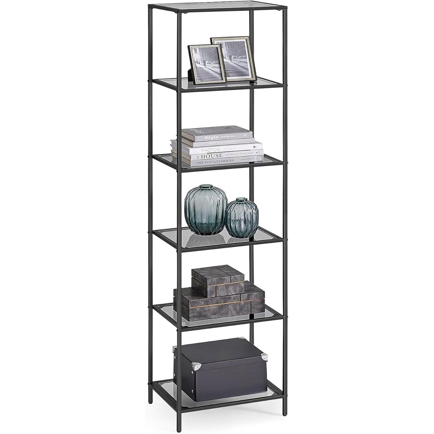 Narrow Glass Shelves Bookcase 5-Shelf Shelving Unit with Black Grey Metal Frame — Chic Home-Decor