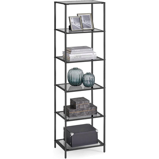 Narrow Glass Shelves Bookcase 5-Shelf Shelving Unit with Black Grey Metal Frame — Chic Home-Decor