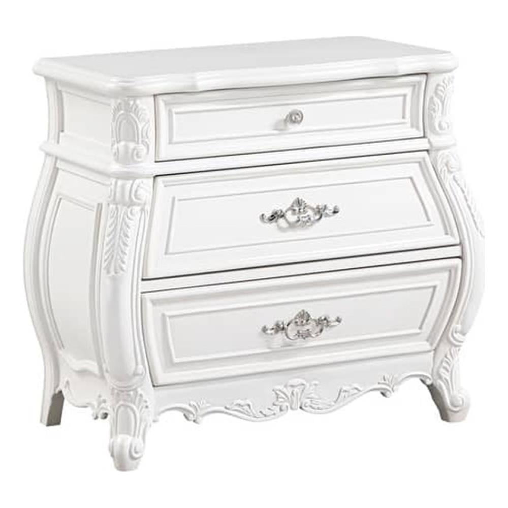 Valena Nightstand, 3 Drawers, White Solid Wood, Metal Handles, 31 Inch