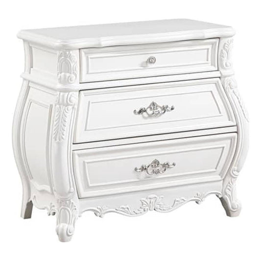 Valena Nightstand, 3 Drawers, White Solid Wood, Metal Handles, 31 Inch